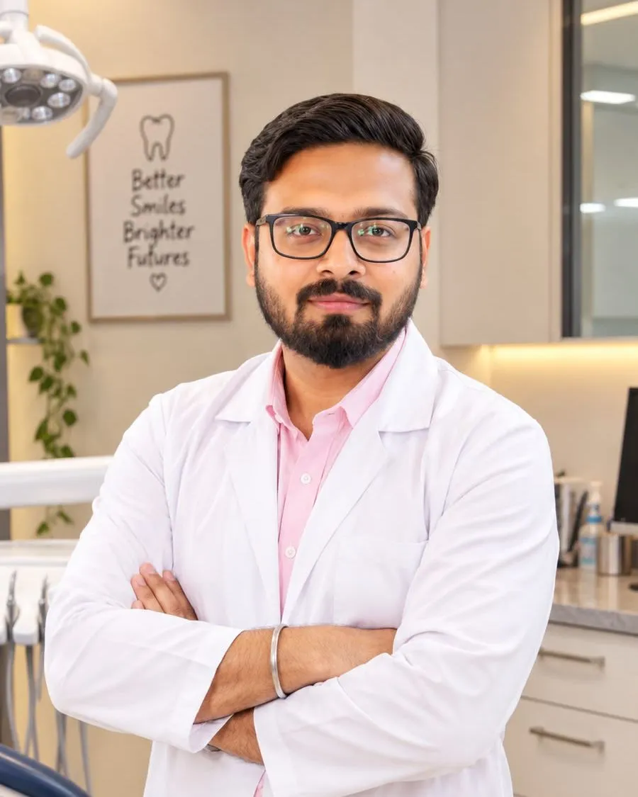 Dr. Rishabh Singh in a white coat, arms folded, in a treatment room