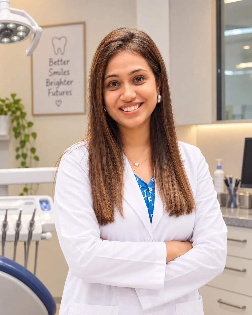 Dr. Sakshi Jain smiling in a white coat, arms folded, in a treatment room