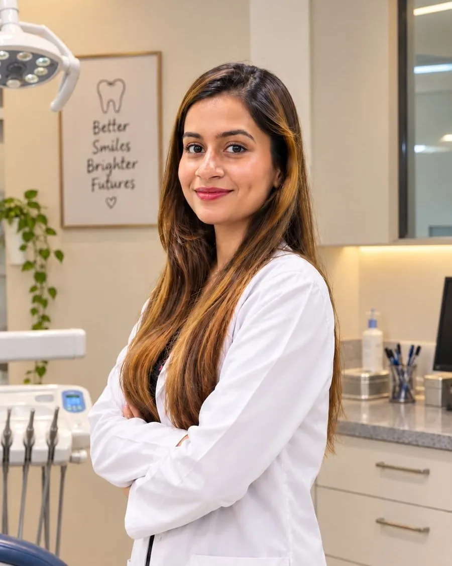 Dr. Tuba Khan in a white coat, arms folded, in a treatment room